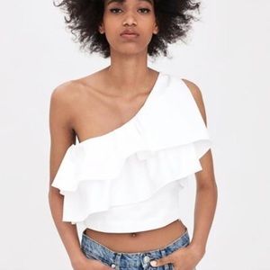 Zara One Shoulder Asymmetrical Ruffle Crop Top
